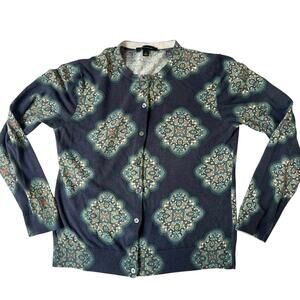 Ann Taylor Women’s Cardigan Sweater Size L 100% Cotton Floral Medallion Print